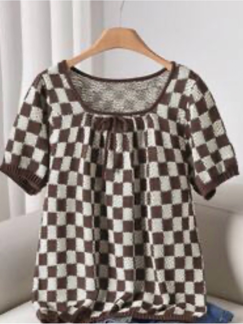 Checker Knit Scoop-Neck Sweater Top — Brown & Cream